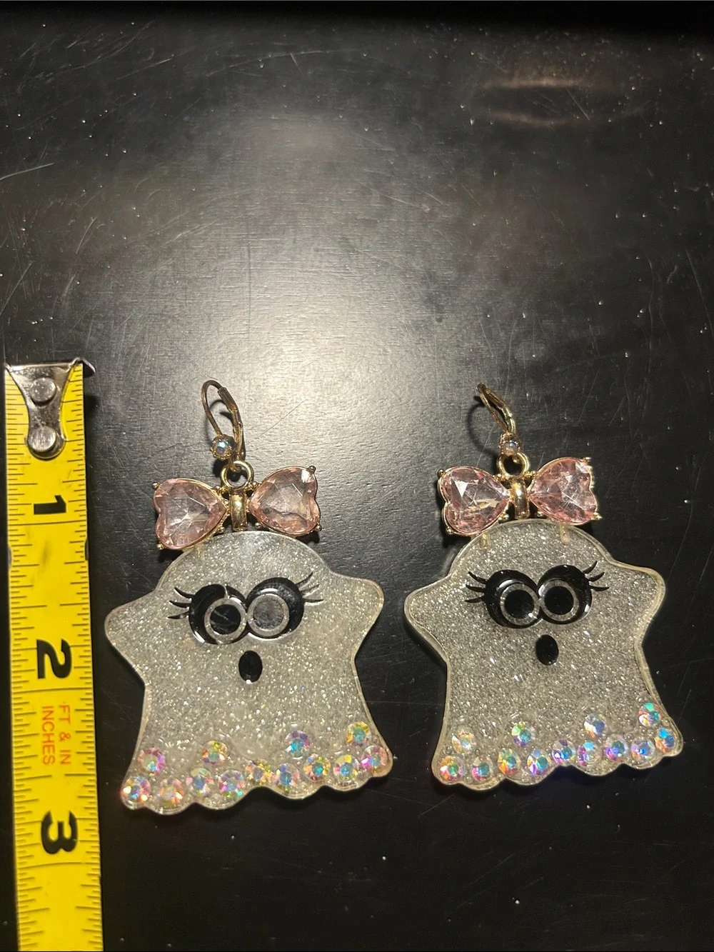 BETSEY JOHNSON Sparkling Silver Ghost Earrings with Pink Bow